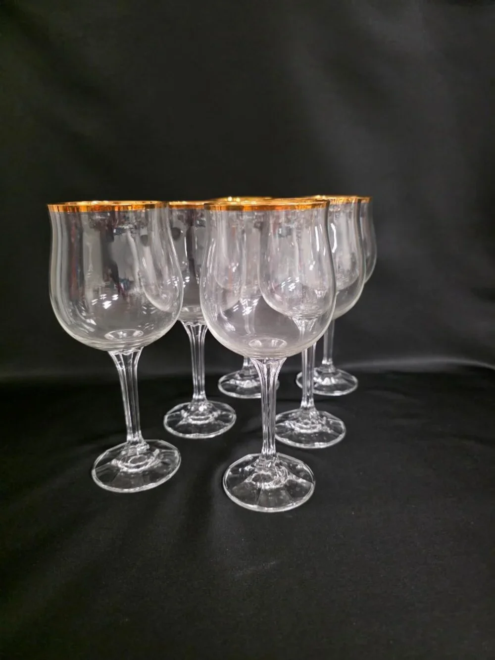 Vtg Bohemia Crystal Geneve Gold Rim Wine Glasses Set of 6 Tulip Czech Art